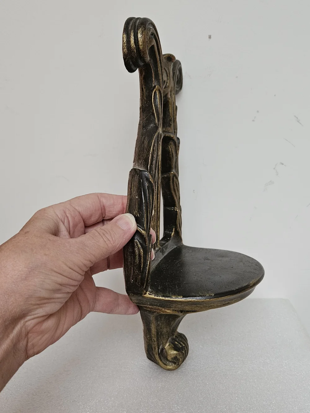 Vintage Chalkware Lyre Harp Shaped Wall Shelf~Bronze Tone 12